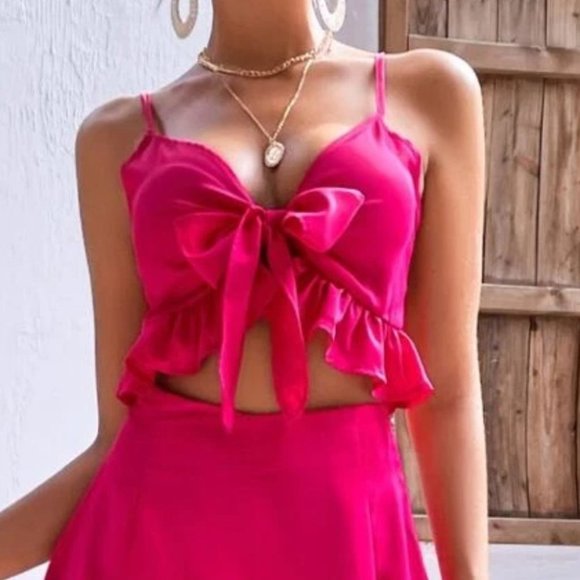 Wide Leg Pants w/ Peplum Cami Knot Front Top set - Picture 4 of 8